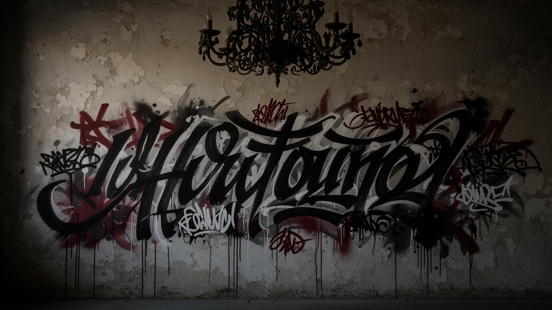 Calligraffiti wall beneath a baroque chandelier
