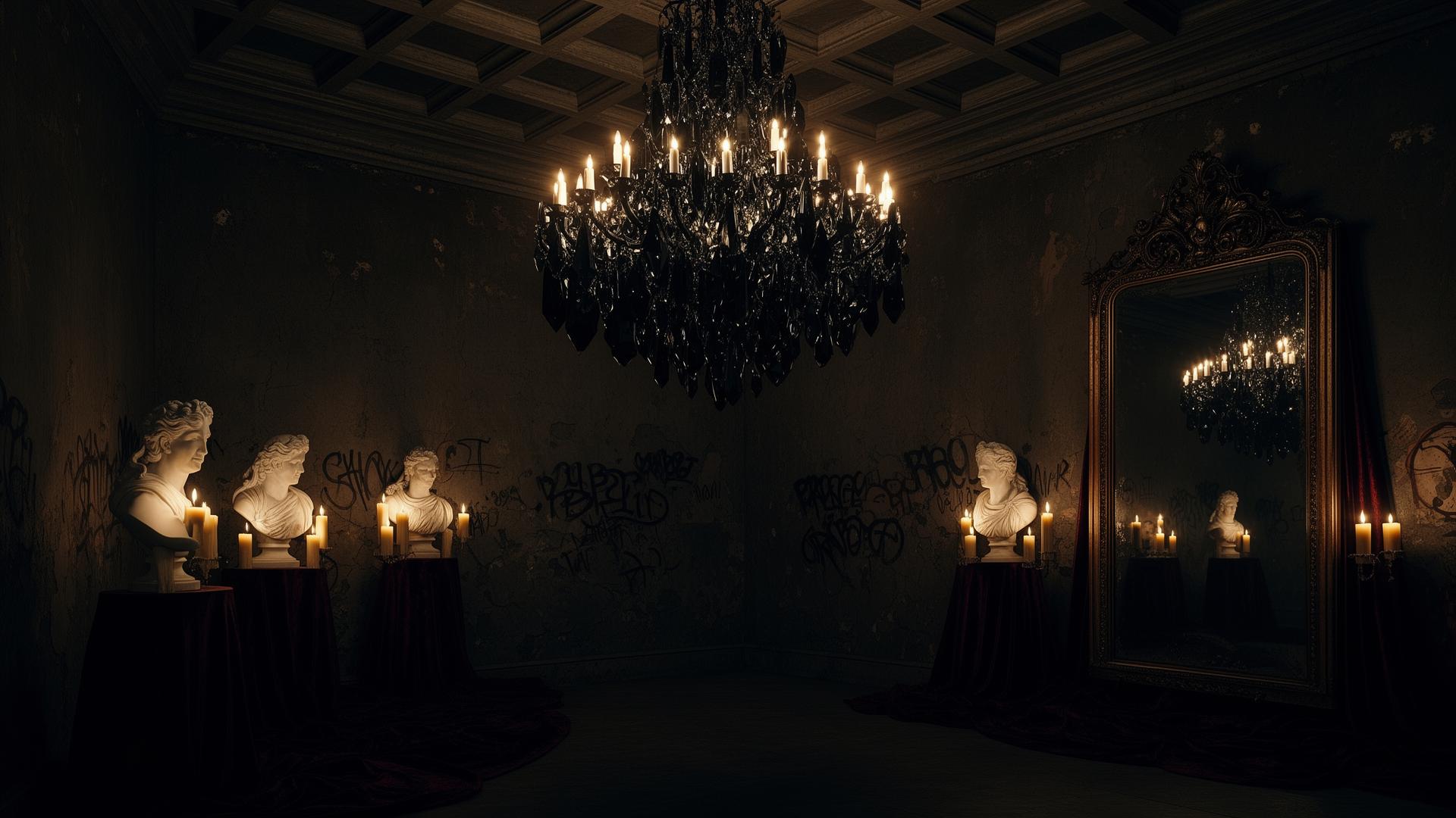 A candlelit chamber with a black crystal chandelier
